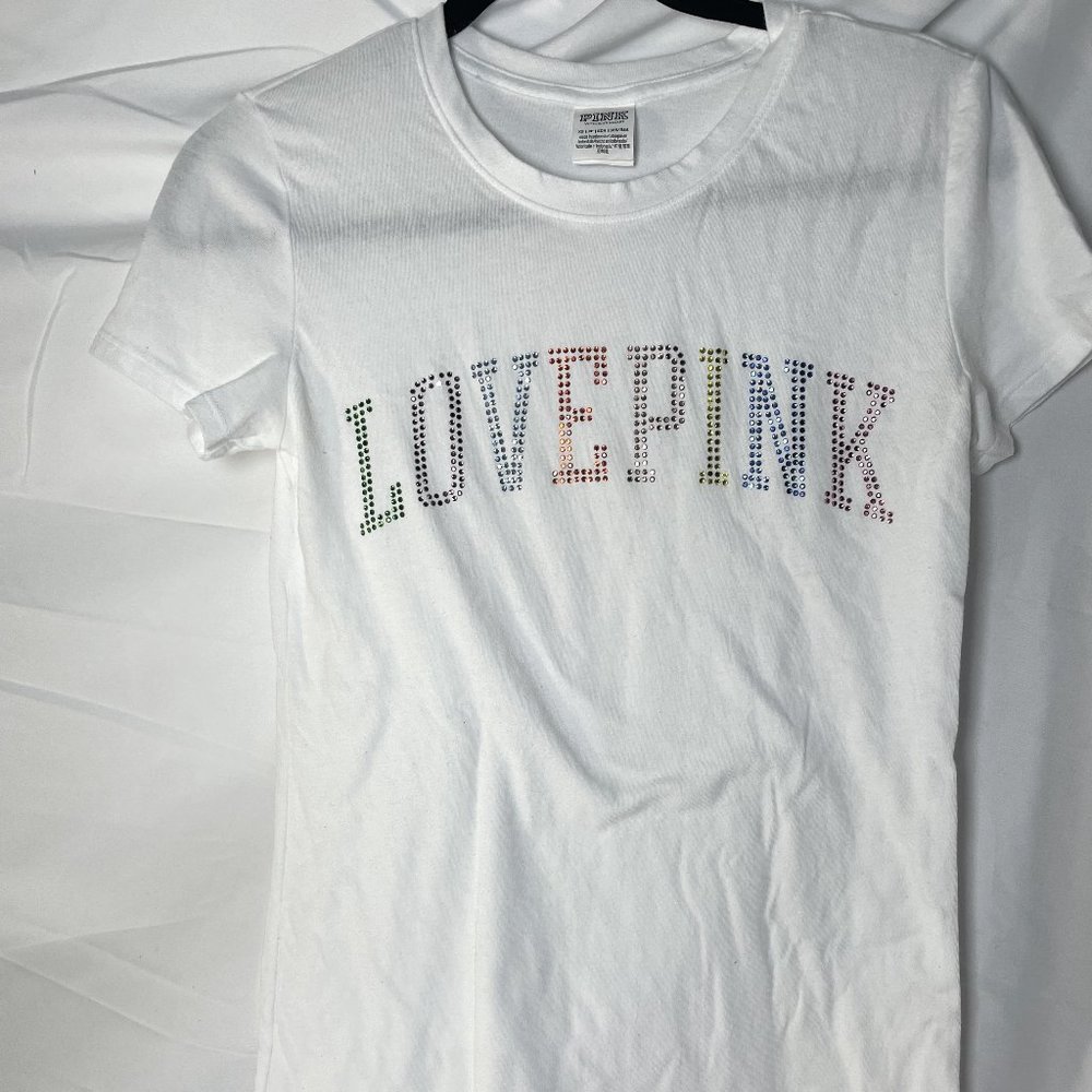 Victoria's Secret PINK campus gray rhinestone rainbow bling tee shirt top xs